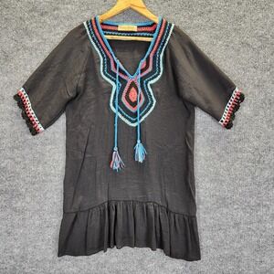Jessica Taylor Dress Womens Medium Black Crochet Trim Boho Tunic Tassel Beach